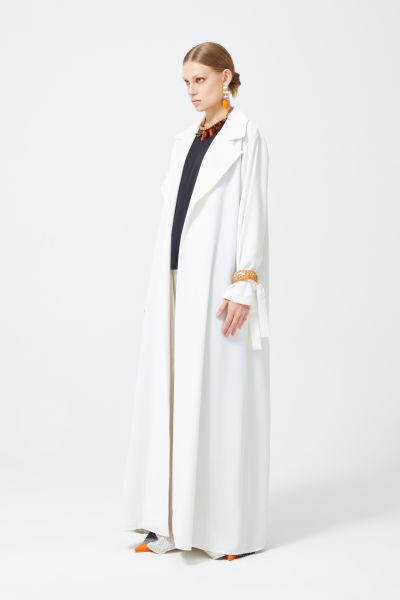 Ceket Yaka Detaylı Cepli Abaya Beyaz S/M