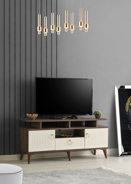 Mebran Kapak Raflı - 110 Cm Tv Sehpası BAROK CEVİZ - KREM