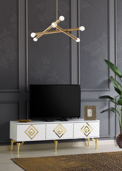 İlizyon Metal  Ayaklı - 180 Cm Tv Sehpası BEYAZ - GOLD