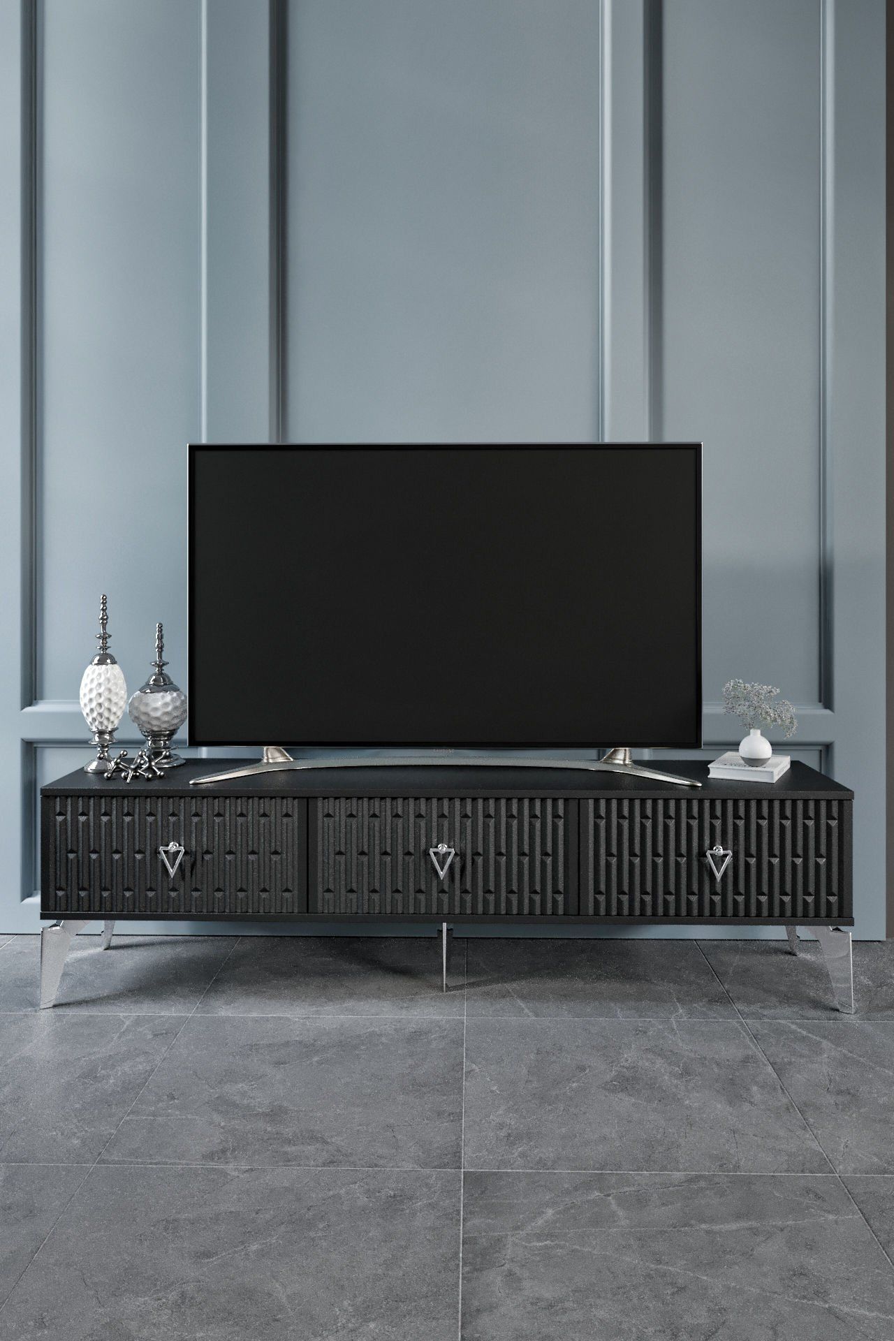 Vincent - 180 Cm Tv Sehpası SİYAH GÜMÜŞ