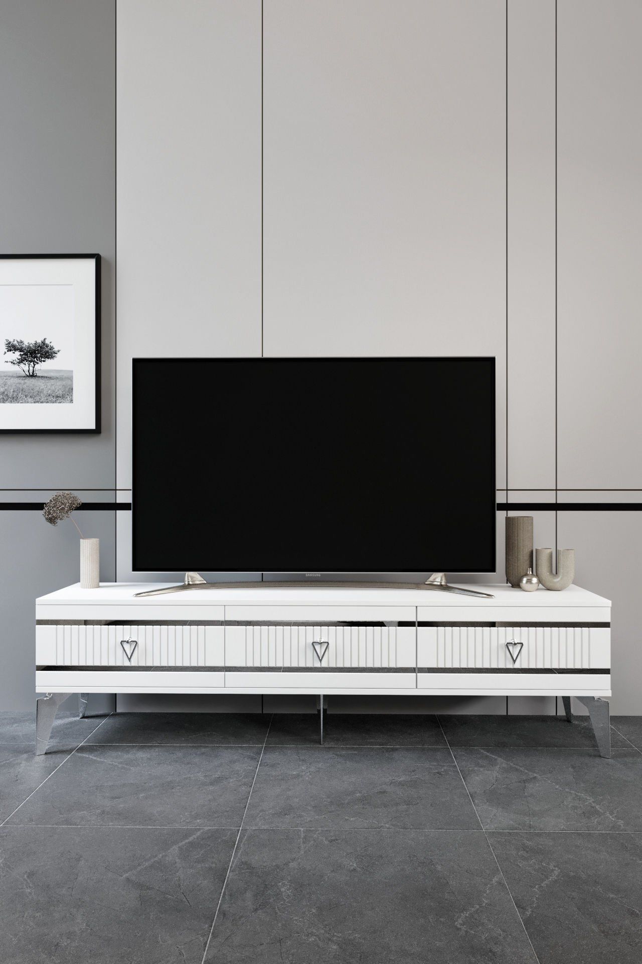 Kordon - 150 Cm Tv Sehpası BEYAZ GÜMÜŞ