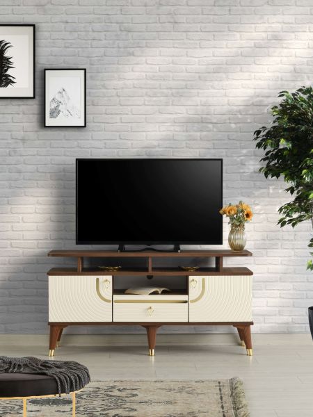 Art Raflı - 130 Cm Tv Sehpası CEVİZ KREM GOLD